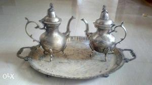 Antique 2 Turkish Teapot And Gray Metal Tray Beautiful