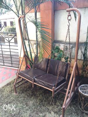 Brown Metal Frame With Black Leather Loveseat Swing