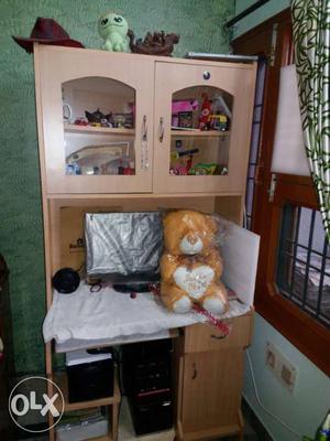Brown Wooden Cabinet With Computer Hutch