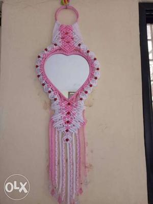 White And Pink Heart Frame Mirror
