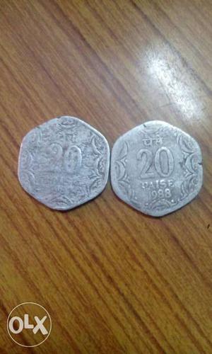 2 Silver 20 Indian Paise 