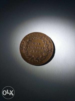 Copper One Quarter Anna Coin