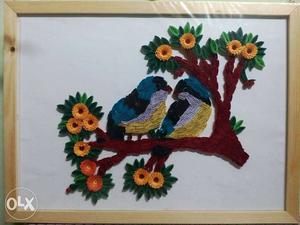 Embossed Artwork Of 2 Lovebirds In Tree Branch With Flowers