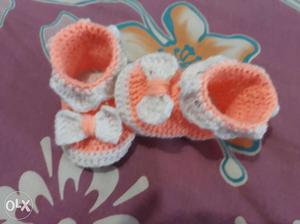 Baby's Orange And White Knit Shoes