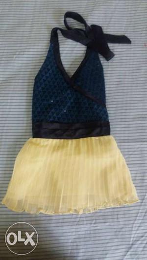 Girl's Black Blue And Yellow Halter Strap Dress