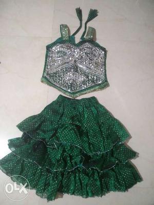Green And Silver Sleeveless Shirt And Skirt
