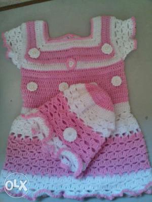Pink And White Knit Dress With Cap