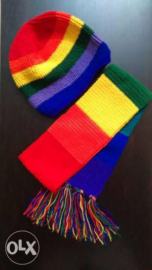 Rainbow coloured hand made crochet slouchy beanie