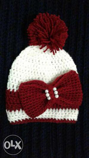 Red And White Knit Bobble Cap