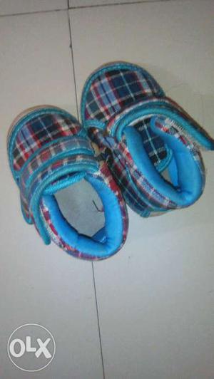 Toddler's Blue Black And Gray Plaid Strap Shoes