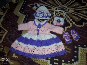 Baby's Purple Pink And White Knitted Dress Shoes Bag And Cap