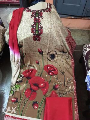 Brown Red And Green Floral Sari