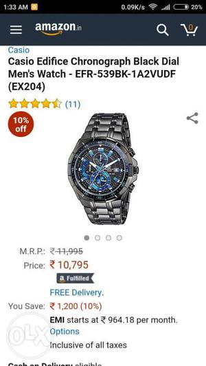 Men's Casio Silver Edifice Chronograph Black Dial Watch