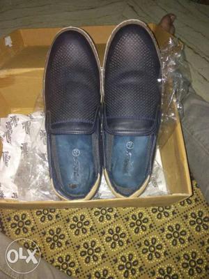Pair Of Navy Blue Leather Slip On Shoes In Shoe Box