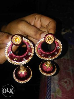 Pink Silk Tread Jhumka Earrings