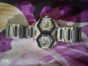 Silver And Black Link Round Watch