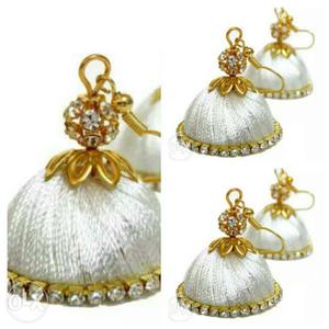 White And Gold Diamond Beaded Jhumka Earrings