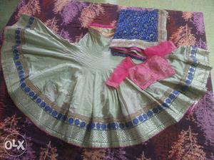 Woman's Green-blue And Pink Traditional Dress