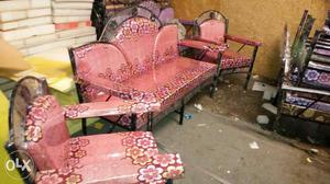 Black Metal And Red Floral Sofa And 2 Sofa Chairs