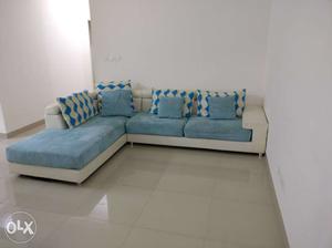 Blue And White Sued Sectional Sofa