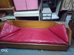 Brown Wooden Frame Red Leather Couch