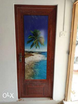 Coconut Tree Printed Brown Wooden Door
