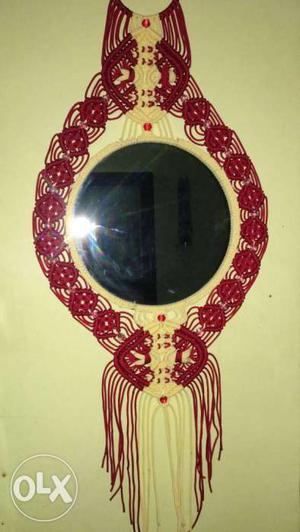 Red And Brown Framed Round Mirror
