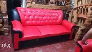 Tufted Red Leather Three Cushion Sofa