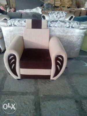 White And Brown Fabric Sofa Chair