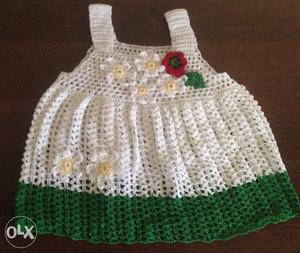 Baby's White And Green Knitted Dress