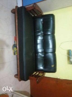 Brown Wood Framed Black Leather 3-seat Sofa