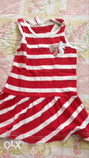 Girl's White And Red Stripes Sleeveless Dress