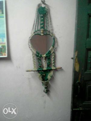 Green And White String Heart Shape Hanging Mirror