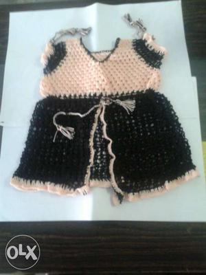 Toddler's Beige-and-black Knitted V Neck Dress