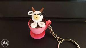 White And Pink Cow On Cup Key Chain