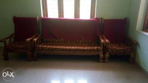 Brown Red Fabric Wooden Frame Sofa And Chair Set