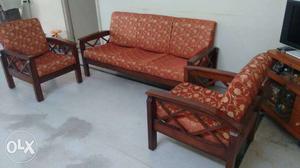 Brown Wooden Framed Orange Sofa Set