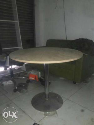 Grey Metal Pedestal Round Brown Top Table
