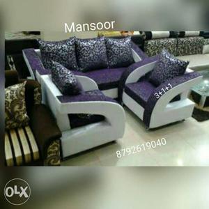 Purple And White Fabric Sofa And 2 Armchairs
