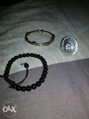 Black Beaded Bracelet; Silver Bangle; Silver Ring