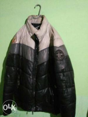 Black, Gray, And White Leather Full-zipped Jacket