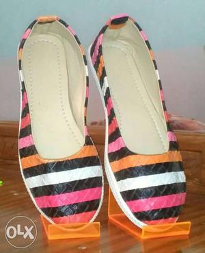 Black, Pink And White Stripe Leather Flats