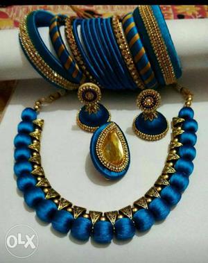 Blue And Gold Silk Thread Necklace, Bracelet And Jhumka