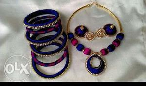 Blue And Pink Bangle Bracelet And Necklace