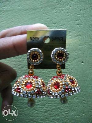 Diamond Ruby And Gold Beaded Fashion Earrings Brand Jhumka