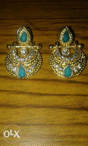 Gold And Green Stone Embellished Earrings