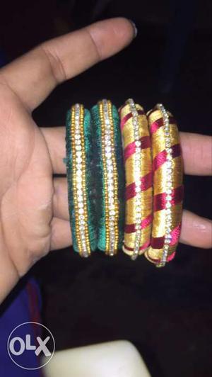 Green, Gold And Red Thread Bangles