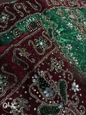 Maroon And Green Floral Sequin Textile