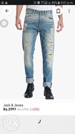 Men's Blue Distressed Acid Wash Denim Jeans