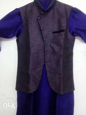 Men's Purple Satin Suit Vest, Blue Kurta